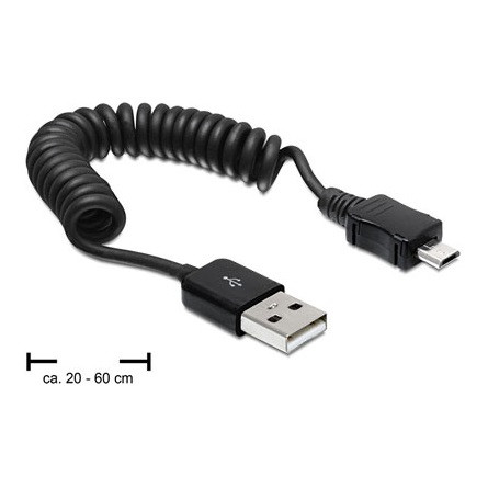 Delock USB-A 2.0 -> USB-B 2.0 micro M/M adatkábel fekete spirál, 20-60cm