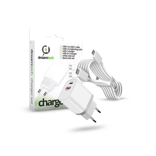 Dreamtech PD Charger Set USB-C+A 20W+QC3.0-s adapterrel és USB-C / USB-C kábellel FEHÉR