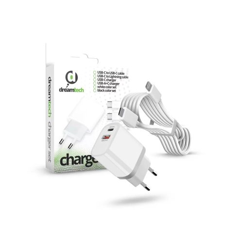 Dreamtech PD Charger Set USB-C+A 20W+QC3.0-s adapterrel és USB-C / Lightning kábellel FEHÉR