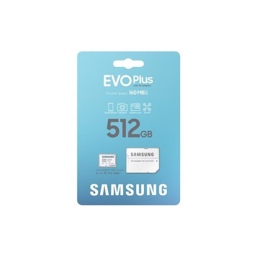 SAMSUNG Memóriakártya, EVO Plus microSDXC kártya, 512GB, UHS-1, U3, V30, A2, + SD Adapter, R160/W