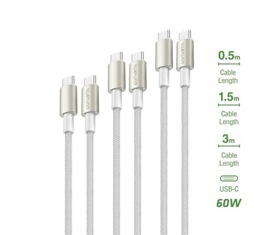 4smarts PremiumCord USB Type-C / USB Type-C töltő- és adatkábel szett,  60W, 3x0.5M+1.5M+3M fehér / ezüst