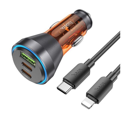 Hoco NZ12D autós szivargyújtó töltő USB QC 18W + 2xType-C 30W,  + Type C-Lightning kábel, (PD60W), átlátszó-narancssárga