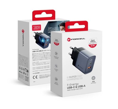 Forcell hálózati gyorstöltő Type-C + USB, PD + QC 4.0, 4A, 45W, kék